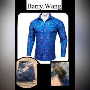 🆕 Barry Wang Dark Blue Shirt Pink Jacquard Paisley Silk Men's Shirt